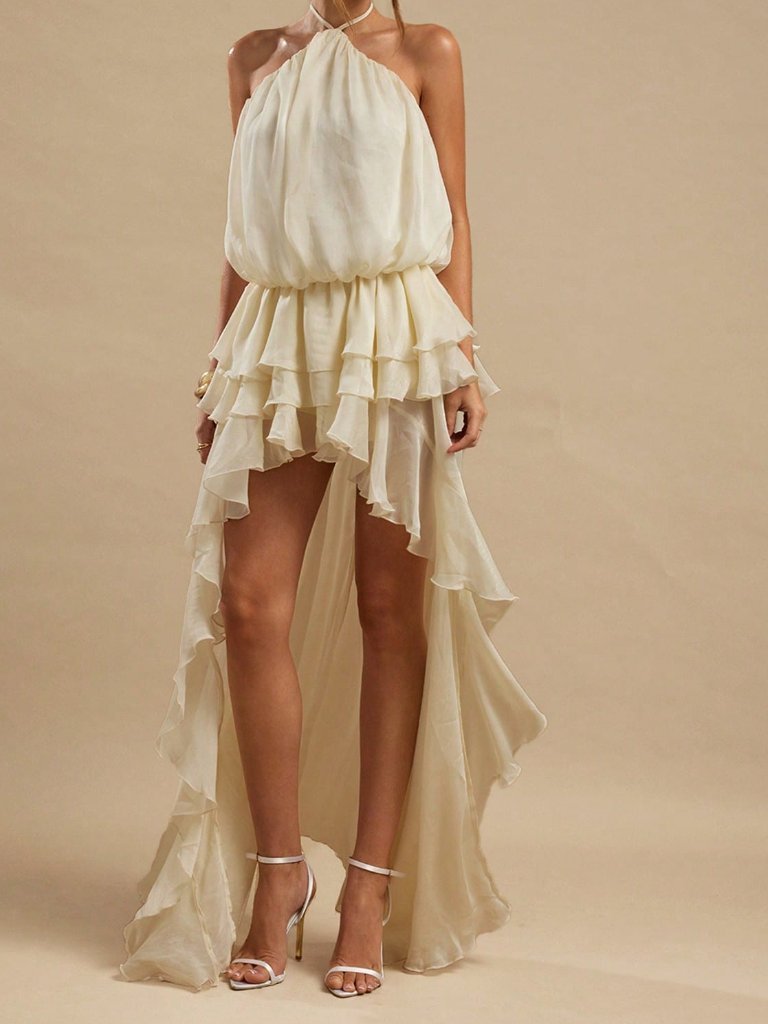 Apricot Boho Women's Halter Tie Backless Low Waist Asymmetric Hem Maxi Dress